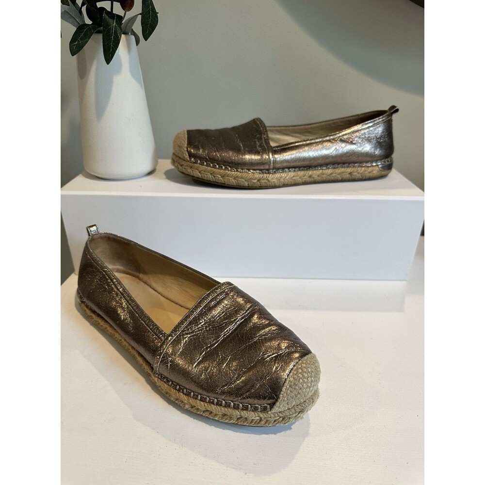Stuart Weitzman Metallic Bronze Leather Espadrille Flat Shoes Slip On Size 8.5